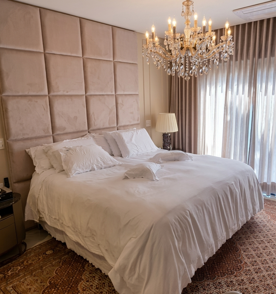 Cabeceira de cama de alto padrão com acabamento em módulos quadrados, reformada pela Magnífico Estofados. Quarto de luxo decorado com lustre de cristal e enxoval branco, destacando a elegância do mobiliário sob medida.